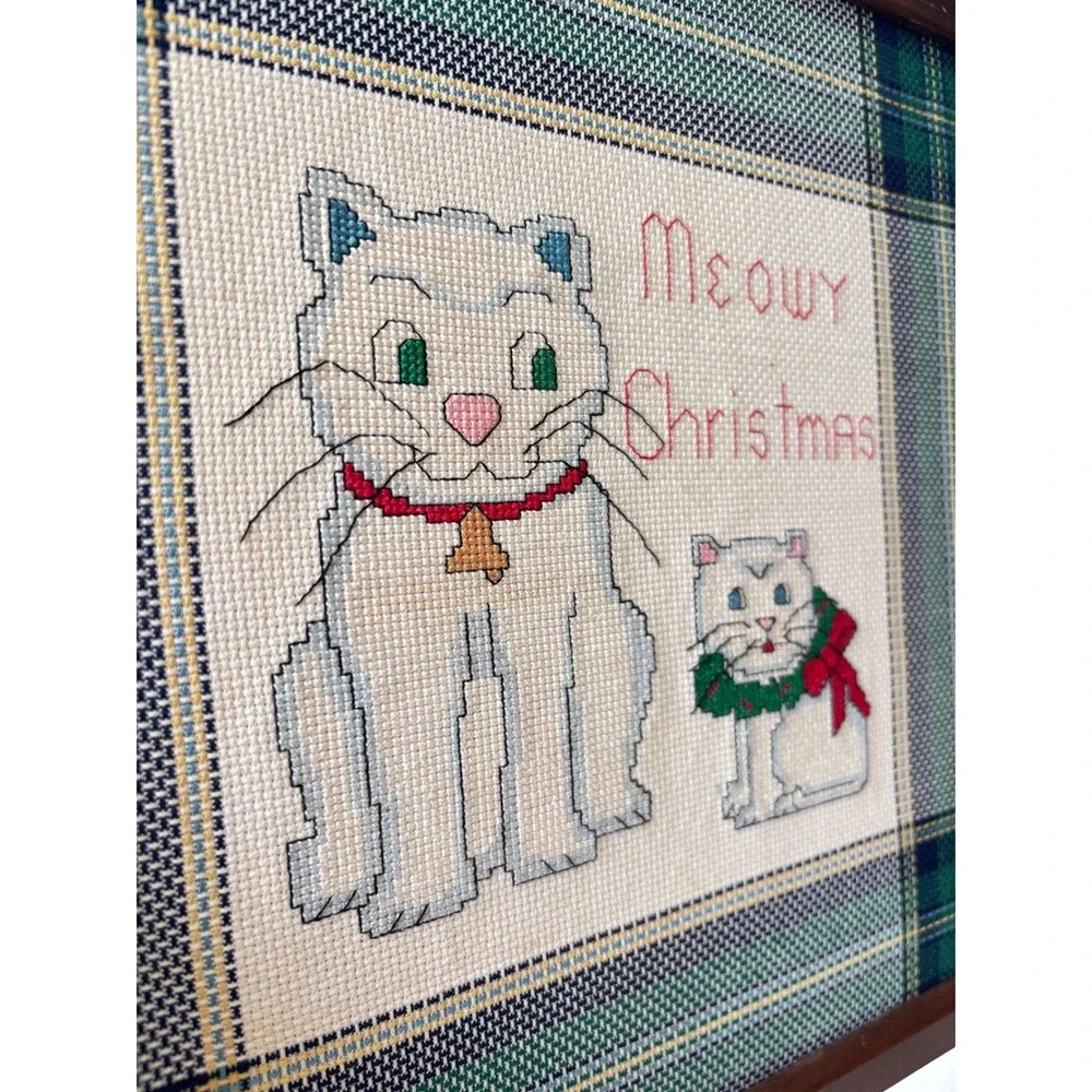 Vintage Meowy Christmas Cat Needlepoint Framed Cross Stitch Plaid Holiday Decor